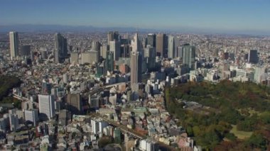 Tokyo, Japonya 2018 dolaylarında. Shinjuku Gyoen Ulusal Bahçesi ve Shinjuku binalarının hava manzarası. Kırmızı kamerayla helikopterden çekilmiş..