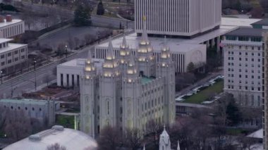 Salt Lake City, Utah. Yaklaşık 2017. Salt Lake Mormon Tapınağı 'nın havadan çekilmiş fotoğrafı.
