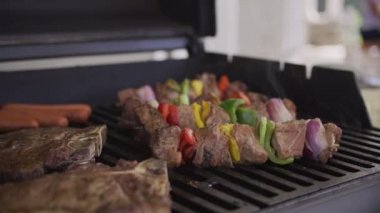 Arka bahçedeki barbekü ızgarasında biftek ve şiş yakın çekim.