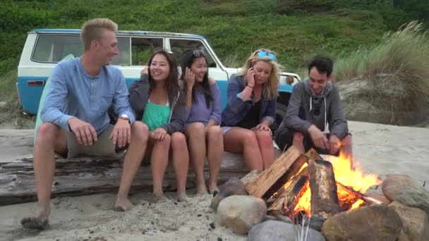キャンプファイヤーでぶら下がっているビーチの友人のグループ — ストック動画