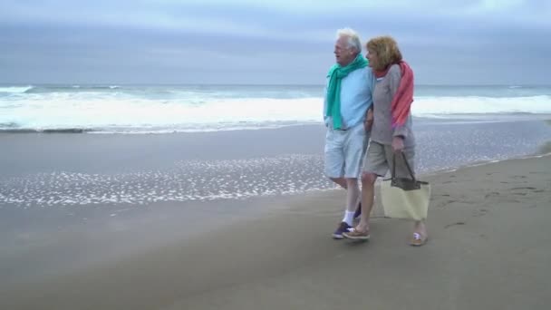 Oudere Paar Lopen Het Strand Samen — Stockvideo