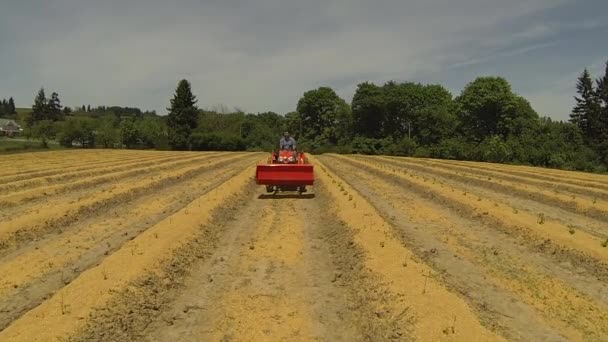 Letecká Střela Člověka Který Řídí Traktor Farmě — Stock video