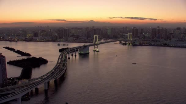 Tokyo Japan Circa 2018 Flying Rainbow Bridge Sunset Shot Helicopter — Stock Video