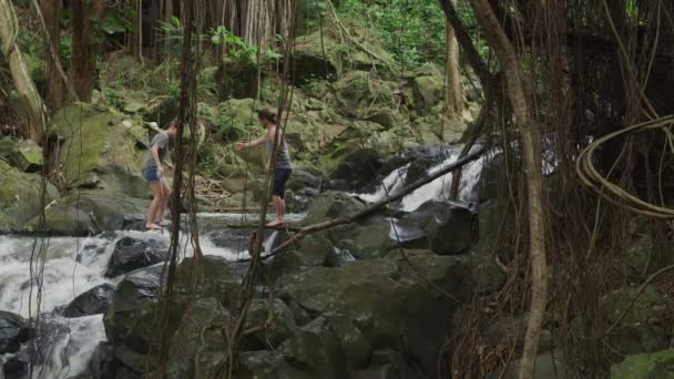 Pareja Explorando Cascadas Hawaii — Vídeos de Stock