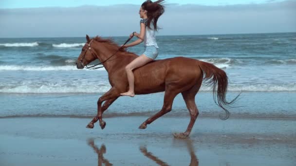 オレゴン州ビーチで女性乗馬馬の超スローモーションショー Phantom Flex 4Kで撮影 — ストック動画