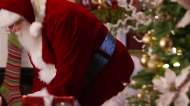 Mikulás Integet Azt Mondja Boldog Karácsonyt Szekrény — Stock videók