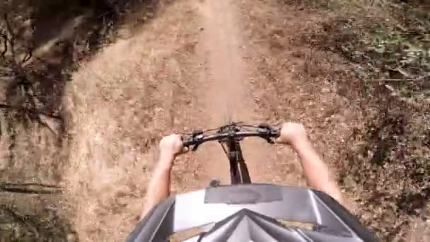 Pov Cámara Acción Tiro Hombre Montando Bicicleta Montaña — Vídeo de stock