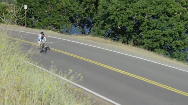 湖を見下ろす田舎道で自転車に乗る男 — ストック動画