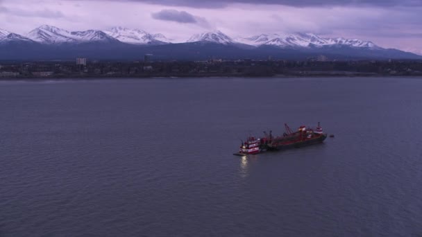 Anchorage Alaska Circa 2018 Aerial View Barge Tug Boat Anchorage — Stock Video