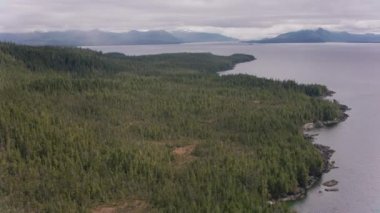 Alaska - yaklaşık 2018: Alaska kıyıları boyunca körfez ve adaların üzerinde uçmak. Helikopterden Cineflex gimbal ve RED Epic-W kamerasıyla çekildi..