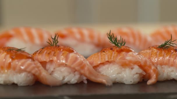 Plate Prepared Sushi Closeup Panning Shot — Stock Video