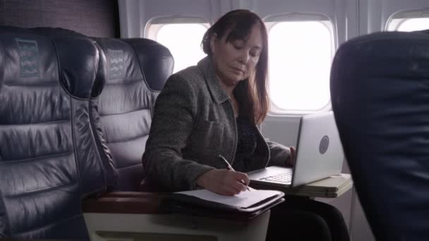 Donna Affari Che Utilizza Computer Portatile Aereo — Video Stock