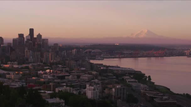 Seattle Washington Circa 2017 Vista Aérea Seattle Rainier Amanecer Tiro — Vídeos de Stock