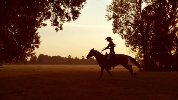 Vrouw Paardrijden Bij Zonsopgang Super Slow Motion — Stockvideo