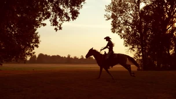 Mulher Cavalgando Nascer Sol Super Câmera Lenta — Vídeo de Stock