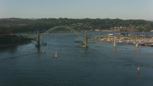 オレゴン州ニューポート 2017年頃 ヤキナ湾橋の空中撮影 CineflexとRed Epic Heliumで撮影 — ストック動画