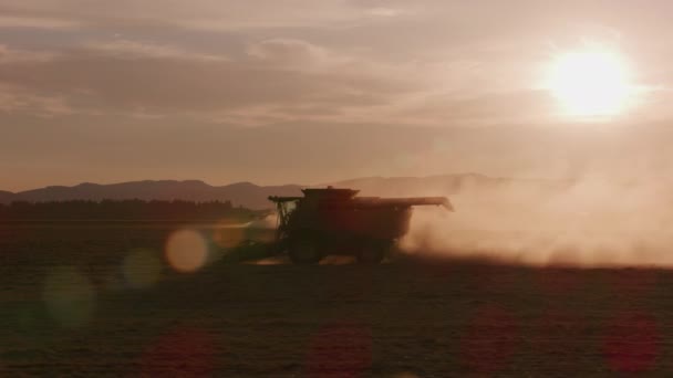 Mähdrescher Arbeiten Staubigen Feld Bei Sonnenuntergang Oregon — Stockvideo