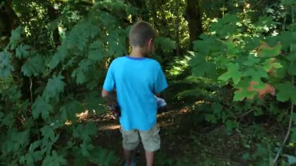 Deux Garçons Marchant Dans Les Bois Avec Des Engins Pêche — Video