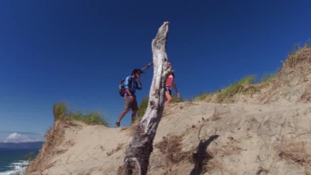 Couple Hiking Sand Dunes Beach Royalty Free Stock Video