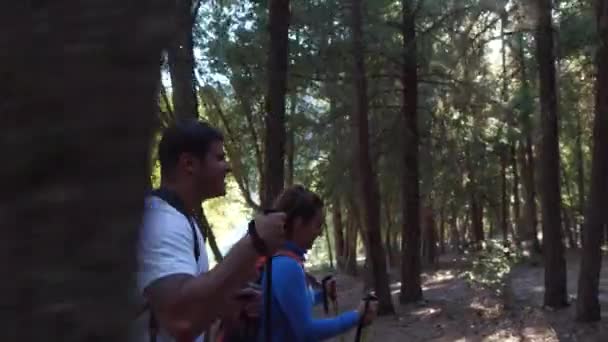 Couple Hiking Outdoors Forest — Stock Video