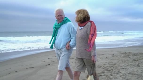 Oudere Paar Lopen Het Strand Samen — Stockvideo