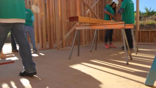 Voluntarios Trabajando Juntos Proyecto Construcción — Vídeos de Stock