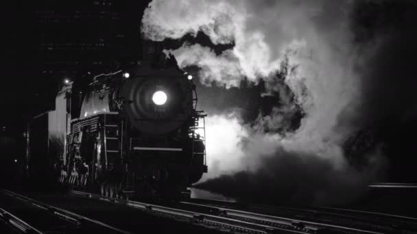 夜间黑白相间的蒸汽机车 — 图库视频影像