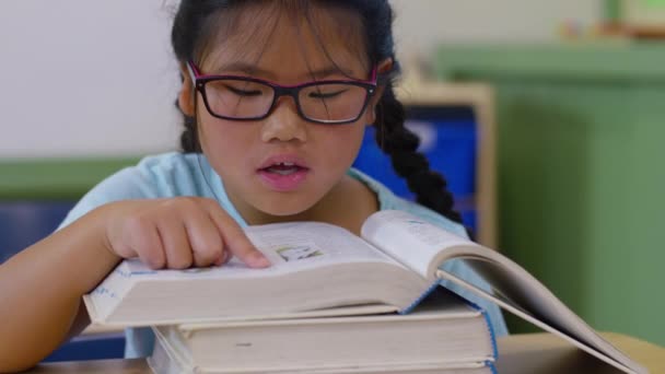 Lány Olvasás Könyv Iskolában Osztályteremben — Stock videók