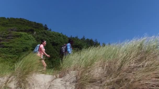 Couple Randonnée Sur Piste Dunes Sable Herbeux — Video
