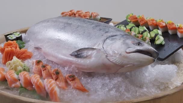 Berbagai Sushi Segar Dan Salmon Utuh Atas — Stok Video