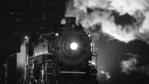 夜间黑白相间的蒸汽机车 — 图库视频影像