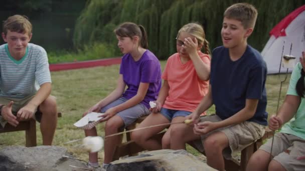 Παιδιά Στην Κατασκήνωση Ψήνουν Ζαχαρωτά Γύρω Από Φωτιά — Αρχείο Βίντεο