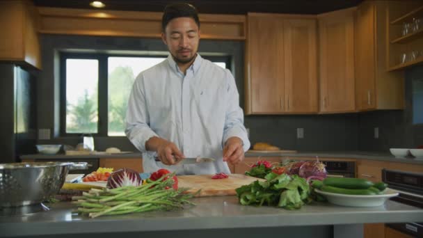 Chef Cuisine Coupant Des Légumes — Video