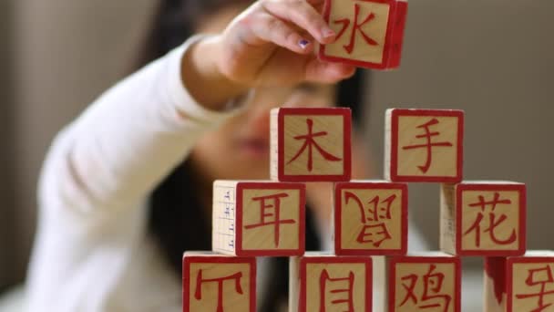Молодая Девушка Складывает Китайские Блоки — стоковое видео