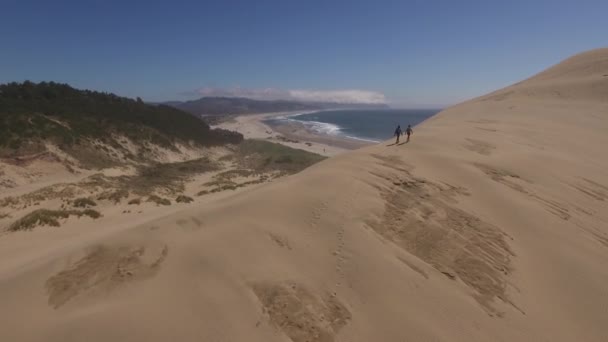 Vista Aérea Pareja Senderismo Dunas Arena Playa — Vídeos de Stock