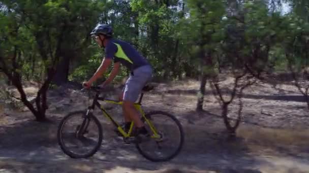 Homem Montando Bicicleta Montanha Natureza — Vídeo de Stock