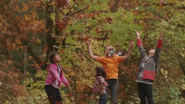 Group Kids Fall Throwing Leaves — Stock Video