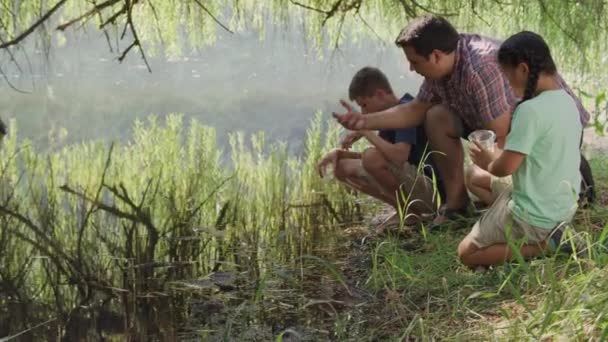 Los Niños Escuela Aire Libre Miran Agua Del Estanque Con — Vídeo de stock