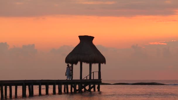 热带旅游胜地日落时分 妇女沿着码头散步 — 图库视频影像