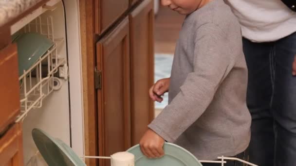 食器洗い機を一緒にロードする母と息子 — ストック動画