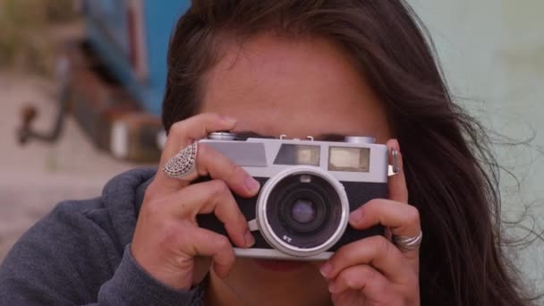 Girl Beach Taking Photos Vintage Camera — Stock Video