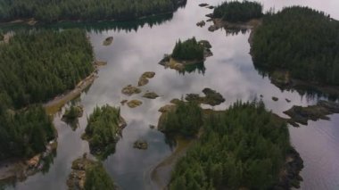 Alaska - yaklaşık 2018: Alaska kıyıları boyunca körfez ve adaların üzerinde uçmak. Helikopterden Cineflex gimbal ve RED Epic-W kamerasıyla çekildi..