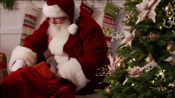サンタクロースはクリスマス イブに木の下に贈り物を置きます — ストック動画