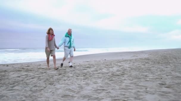 シニアカップルビーチチェアに歩いて座って — ストック動画