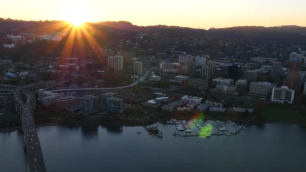 Cidade Portland Oregon Pôr Sol Vídeo Aéreo Ultra — Vídeo de Stock