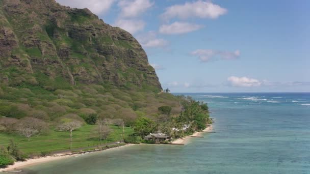 2018年頃 ハワイ州オアフ島 Kaawa Valleyの美しい海岸線の空中ビュー CineflexとRed Epic Heliumで撮影 — ストック動画