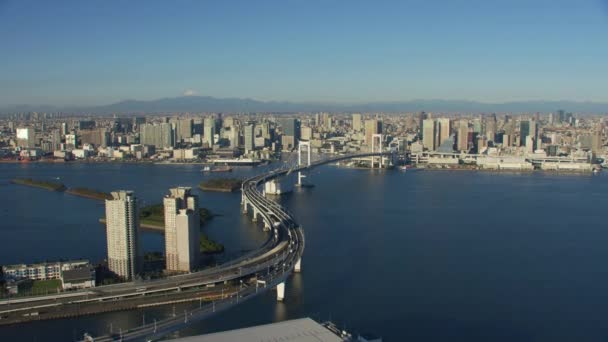 日本东京 2018年左右 和小山一起飞越彩虹桥 富士在远处 用红色摄像机从直升机上拍的 — 图库视频影像