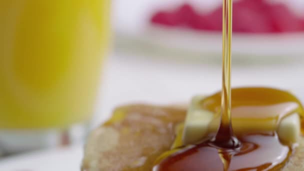 Pouring Syrup Pancakes Closeup — Stock Video