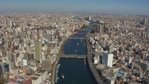Tokyo Japonya 2018 Dolaylarında Sumida Nehri Üzerinde Uçuyor Kırmızı Kamerayla — Stok video