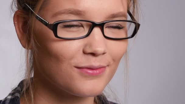 Closeup Portriat Young Woman White Background — Stock Video